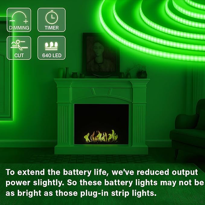 Green COB LED Strip Lights Battery Powered with Remote, 6.56FT 640LED Light Strip Dimmable Cuttable Flexible Wireless LED Tape Light for Cabinet, Boat, Car, Computer, TV backlighting, Holidays Party