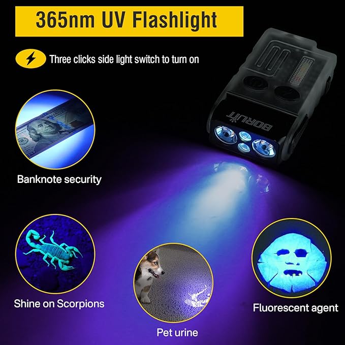 Boruit V20 Small Powerful Flashlight Super Bright with 365nm UV, Red Blue Green Warm Light, 180° Swivels, 110dB Buzzer, Mini Keychain Pocket Rechargeable LED Flashlights Usb EDC Clip Flash Light White