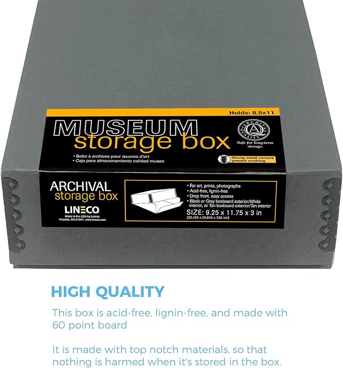 Lineco Museum Archival Storage Box, 9.25x11.75x3 in. Drop Front Design. Acid-Free with Metal Edge. Organize Photos, Pictures, Prints, Documents, Crafts, DIY. Gray, 2 Pack