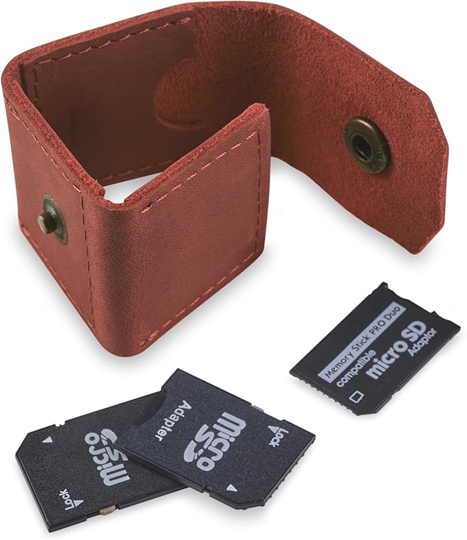 Leather SD Card Holder Keychain, SD Card Case Key Fob, Micro SD Card Holder Organizer, SD Card Storage Case, Memory Card Case Cover, Travel Memory Card Case (Cognac)