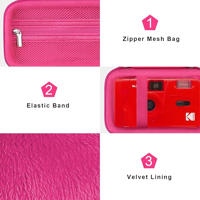 Canboc Carrying Case for KODAK EKTAR H35/ H35N/ KODAK Snapic A1 Film Camera, H35/ Snapic A1 Film Camera Bag, Zipper Mesh Pocket fits Film, Batteries, USB Cable, Rosered (Case Only)
