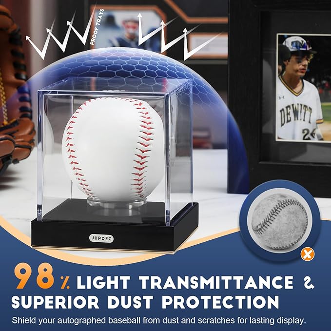 JupDec Baseball Display Case for Single Autograph Ball, Clear Acrylic Cube Baseball Holder with Velvet Interior, UV Protected Stand Box with Durable Base, Ideal Gift for Sports Fans, Gold, 1 Pack
