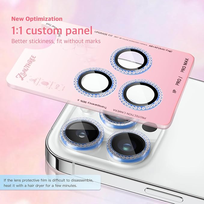 Camera Lens Protector Bling Compatible for iPhone 16 Pro/16 Pro Max,9H Tempered Glass,1Step Installation Tray,HD Clear/Military Grade Shatterproof/Scratch Resistant-Diamond Distant peak blue