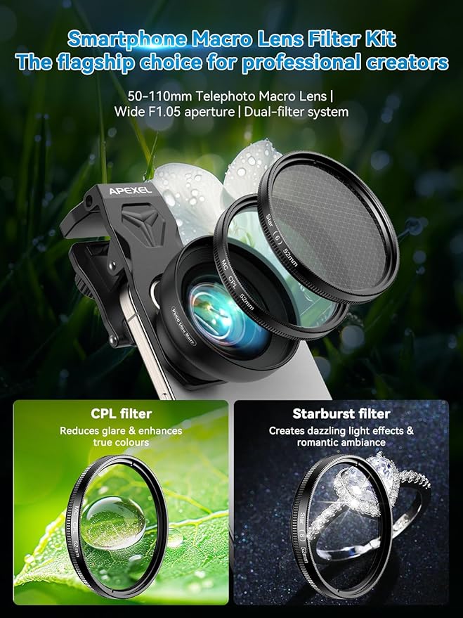 APEXEL 100Ultra Macro Lens with CPL Starlight - Enhanced Version Smartphone Lens for iPhone, Samsung, Pixel | Pro Macro Photography of Flowers, Iinsects, Jewelry, Food Details and Other Small Objects
