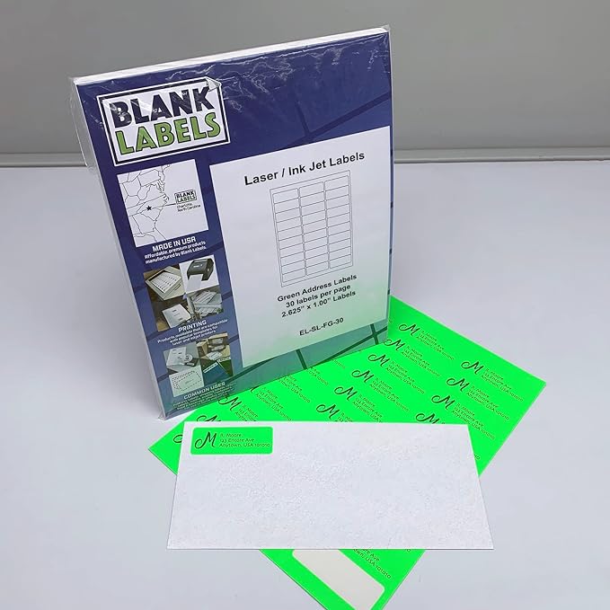 Blank Labels Fluorescent Green FBA & Mailing Labels – 2.625" x 1", 30 Labels Per Sheet, Bright Visibility for Warning or Inventory Use, Inkjet & Laser Printer Compatible