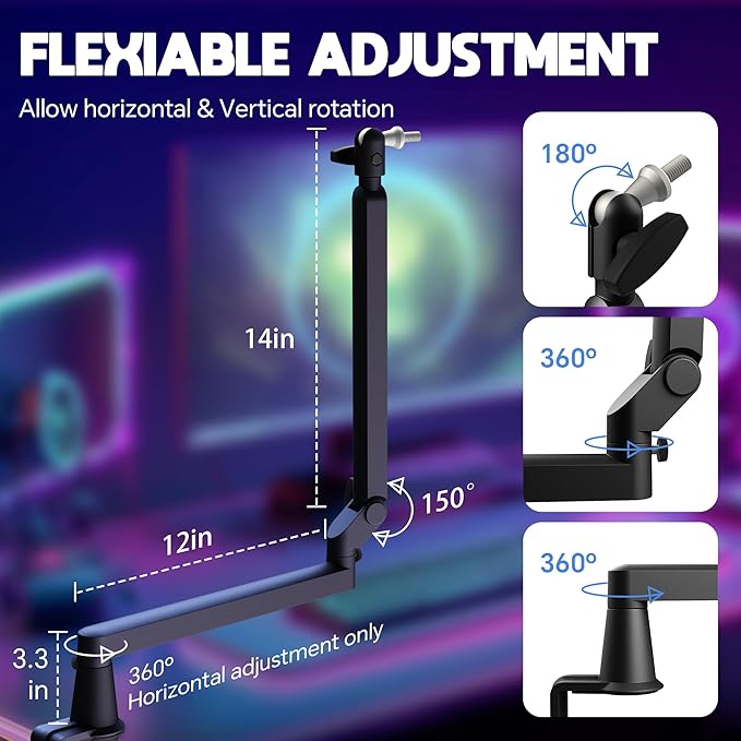 Microphone Boom Arm, Low Profile Mic Arm with 360° Rotation, Cable Management, Extended Riser, Mic Clip, Microphone Stand for Blue Yeti HyperX QuadCast Shure Elago, Black