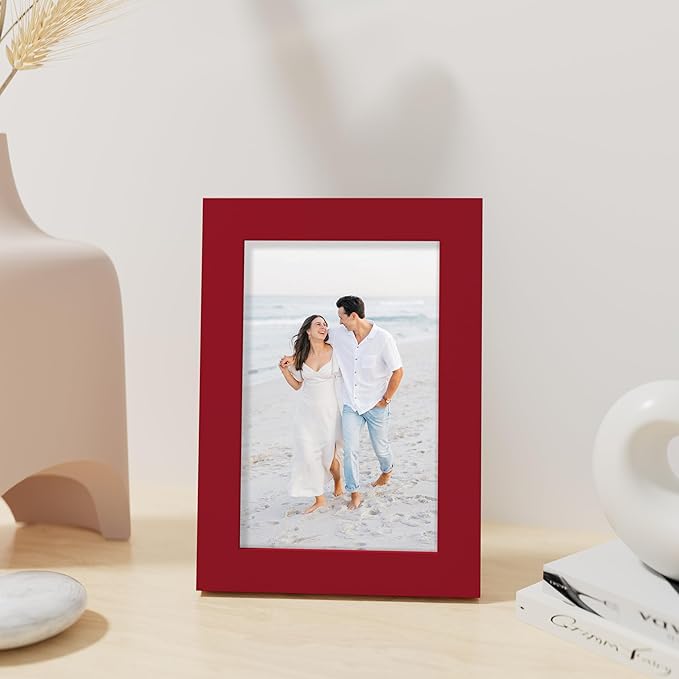 Vittanly 4x6 Picture Frame, Made of Solid Wood and Shatterproof Plexiglass, Wooden Photo Frame for Wall Mounting or Tabletop Display, Picture Frame for Home Decor with Stand, Red, 1 Pack
