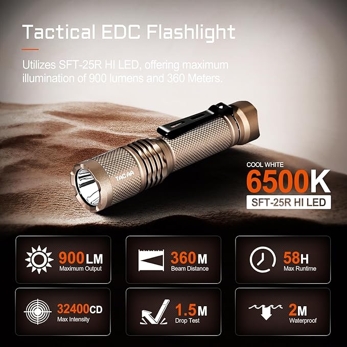 ACEBEAM TAC AA 2.0 Longest-Range AA Flashlight 360 Meters, 900 High Lumens Tactical EDC Flashlight Rechargeable, 6 Modes Pocket LED Super Bright Small Mini Flashlight for Camping, Home(SFT-25R)