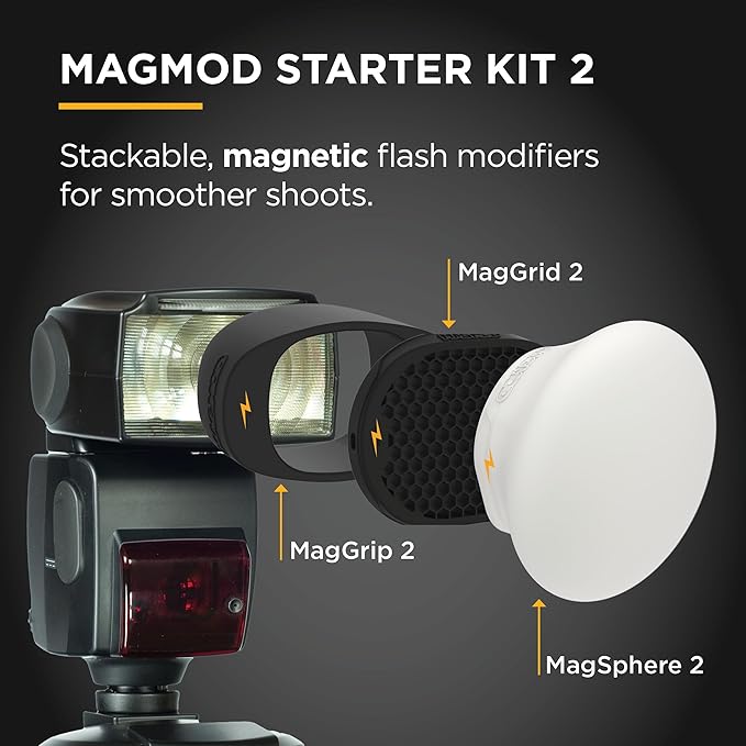 MagMod Starter Flash Diffuser Kit 2, Magnetic Flash Modifier Set for On- and Off-Camera Photography, Includes MagGrip 2, MagGrid 2 and MagSphere 2, Compatible with 99% of All Speedlites