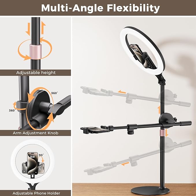 11" Desk Ring Light,Wireless Bluetooth Ring Light with Stand & Phone Holder,Overhead Phone Mount for Video Recording,Tripod for Cooking Videos,Webcam Lamp/TikTok/YouTube,Compatible with iPhone Camera