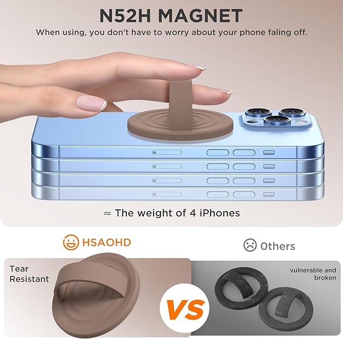 Upgraded Magnetic Phone Grip, Liquid Silicone Soft and Portable, Removable Finger Loop Ring Grip Holder for iPhone, Strong Magnetic Attraction, Compatible with MagSafe Phone Case, Light Brown