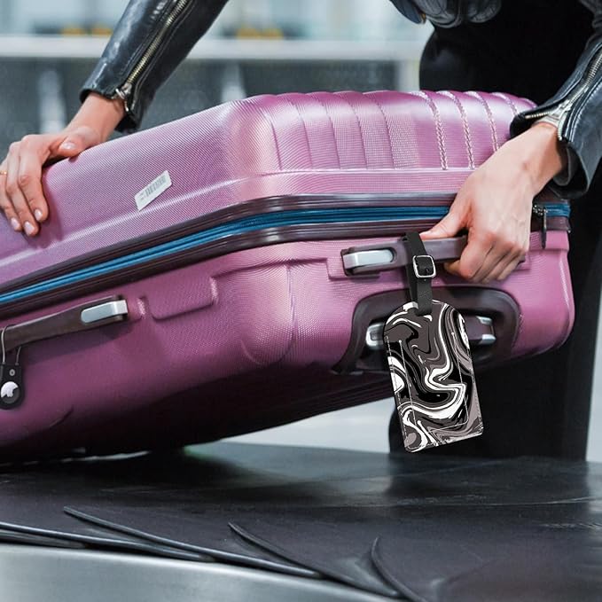 2 Pack Luggage Tag Suitcase Tags PU Leather Identifiers Privacy Cover Luggage Tags Aesthetic Cute Travel Bag Labels for Women Girls Men-Black Fluid