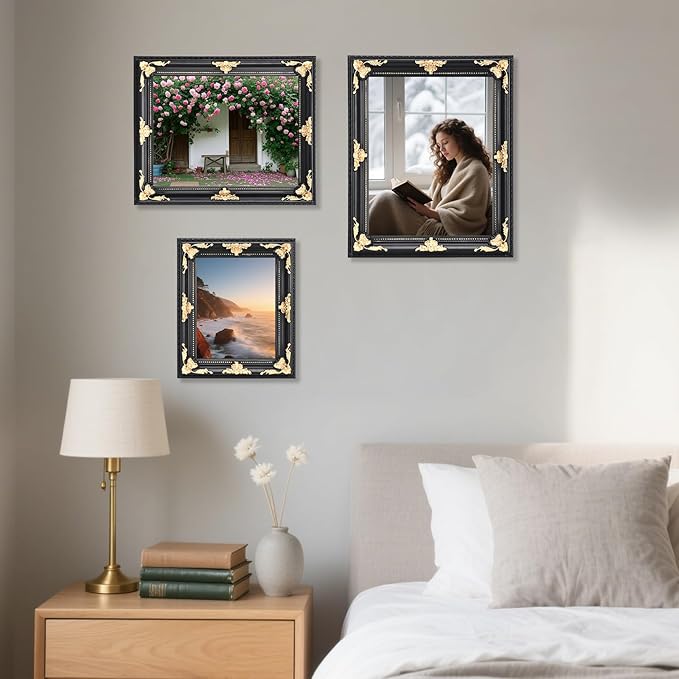 11x14 Vintage Picture Frame - Black Wood with Gold Embossed Flower, Gothic Ornate Antique Photo Frames with Real Glass, Tabletop or Wall Hanging Display
