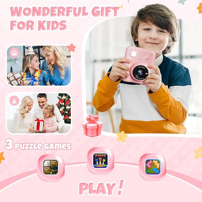 Kids Instant Print Camera, 3.0'' Screen, 48MP Photo, 1080P HD, Gift for 3-12 Year Old Girls & Boys (Pink) with 32GB Card