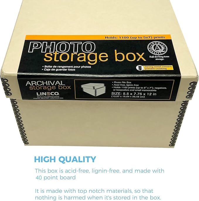 Lineco Archival Photo Storage Box, Holds up to 1100 of 5x7 Pictures, 4x6 Photograph Container with Removable Lid. Preserve Snapshot, Negatives, Prints, Films, Card, 5"x7"x12", Tan