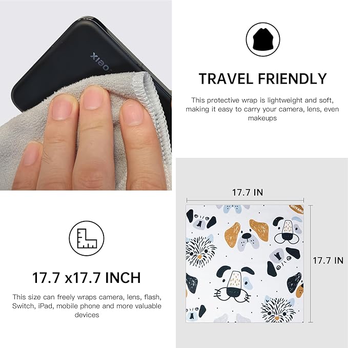 BEIYANG 17.7X17.7 Inch Camera Protective Wrap, White Dog Pattern Camera Case，Lens Protector Wrapper, Magic Self-Adhesive Cloth for Camera/Lens/Phone/DSLR/Laptop/Accessories