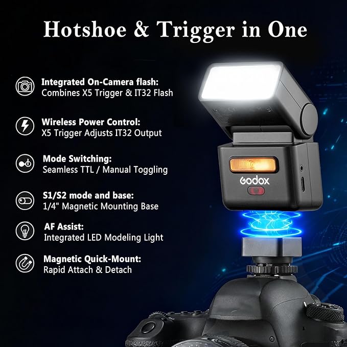 Godox IT32 TTL Camera Flash with X5N Flash Trigger, Compatible with Nikon, Magnetic Hotshoe & Trigger 2-in-1,Colorful Touch Screen,Rotatable Flash Head,TTL&HSS,LED Modeling Light,Creative Accessories