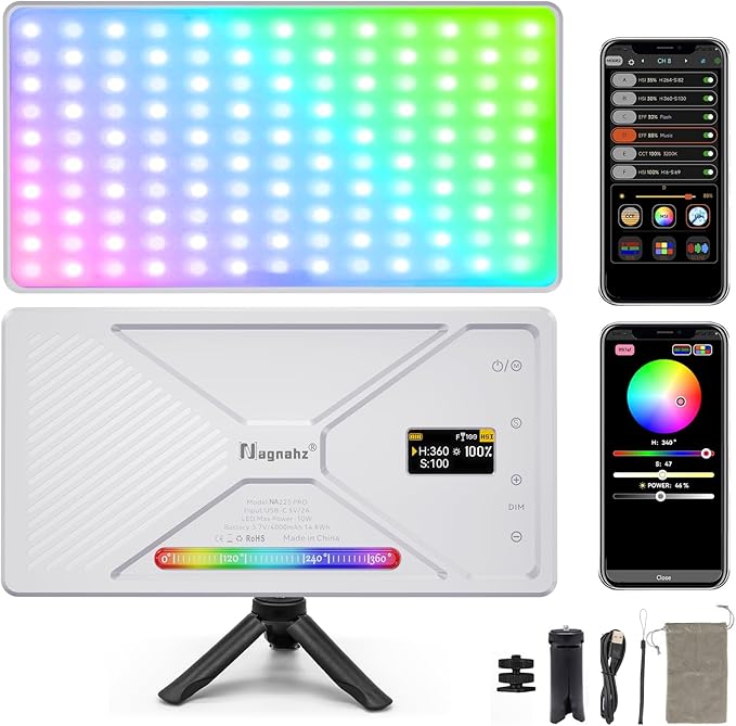 NA225 RGB Video Light,10W Portable Selfie LED Camera Light with 2500-9900K, 4000mAh Rechargeable Battery, CRI 96+, App Control for Studio Photography Vlogging Streaming Phone and Video (White)