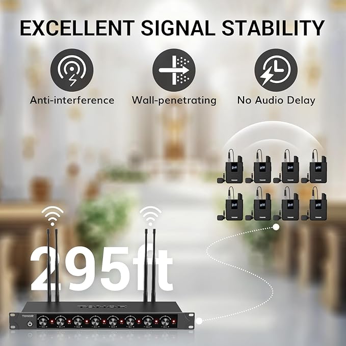 TONOR Wireless Microphones System with 8x12 Channels Headset/Lavalier Lapel Mics, Bodypack Transmitter, Receiver, 90 m/295ft UHF Range for Church Conference Performance Singing Karaoke PA Speaker