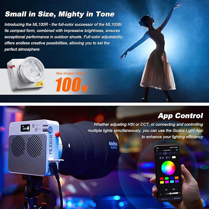 Godox ML100R Godox RGB Video Light 110W – 1800K-10000K Full Color, 14 FX Modes, USB-C/Multi-Power, High CRI 97+ for Live Streaming, TikTok, Photography & Filming