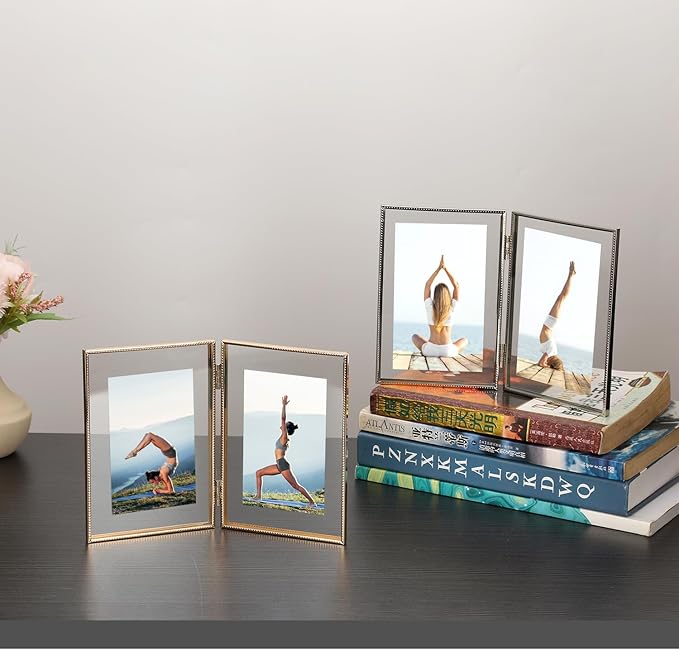 Silver 4x 6'' Double Hinged Floating Frame, For Photo Sizes (2x3'' 3.5x 5'' up to 4x6'' ), Beautiful Metal Lace Edge Frames Adjustable Tabletop/Shelf Photo Frame, Classy Gift Choice for Wedding,