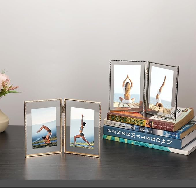 Silver 5x7'' Double Floating Photo Frame | Fits 2x3“ to 4x6” Photos | Metallic Lace Edge | Desktop/Shelf Adjustable Photo Frame | Elegant Gift Idea for Weddings,Thanksgiving and more