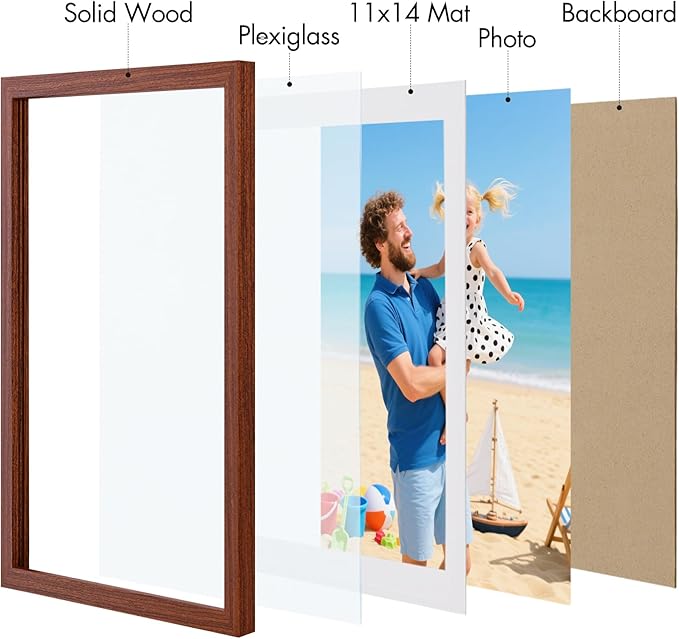 Vittanly 12x16 Picture Frame, Made of Solid Wood and Shatterproof Plexiglass, Display Pictures 11x14 with Mat or 12x16 without Mat, Wooden Photo Frame for Wall Mounting, Brown, 1 Pack