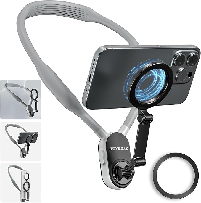 REYGEAK Magnetic Neck Phone Mount,2024 New POV/Vlog Phone Holder for Magsafe iPhone 16/15/14/13/12 Pro Mini/Plus/Pro/Pro Max,Hand Free Chest Stand Video Recording for Android Phone Accessory(Grey)