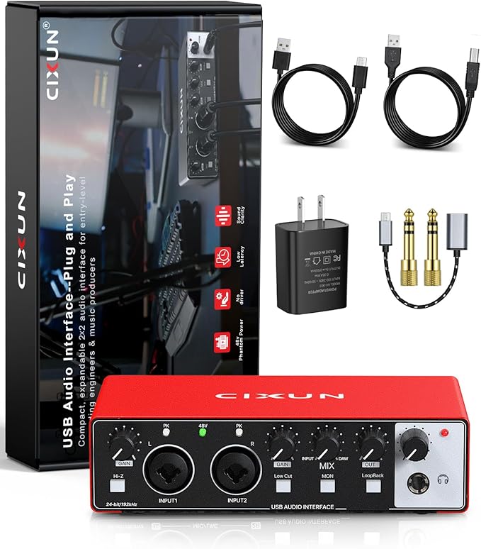 2x2 USB-C Audio Interface for PC/Mac Recording, 24-bit/192kHz, Dual TS/XLR Inputs, +48V Phantom Power, Studio/Podcast/Streaming(Matte Red)