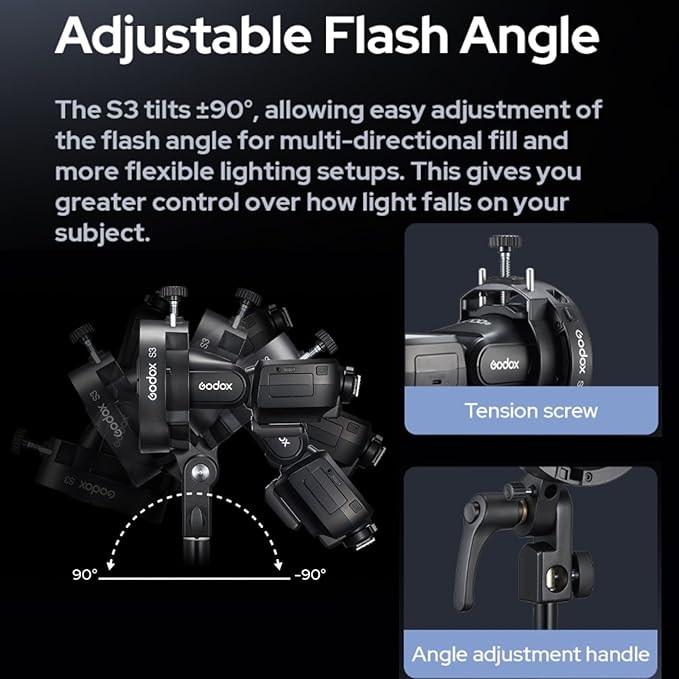Godox S3 Speedlite Flash Bracket for AD200 Pro II, AD400Pro II, AD300Pro, for Godox V1 Pro, V100 Round Head Flash, V860III / TT685II/ TT350 Series, Tilts ±90° S-Type Bracket Bowens Mount Holder