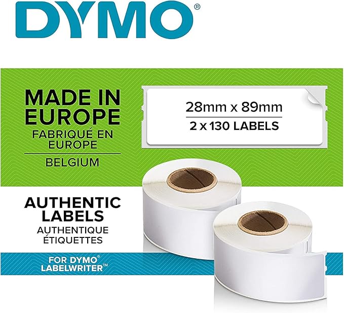 Dymo 28 mm x 89 mm LW Address Labels, 2 Roll of 130 Easy-Peel Labels, Self-Adhesive, for LabelWriter Label Makers, Authentic - Black on White