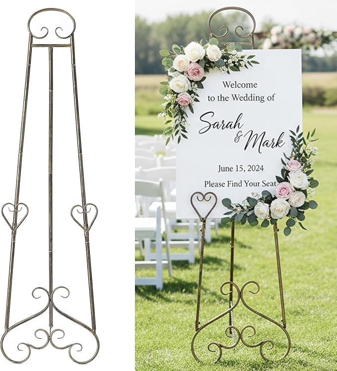 56" Extra Large Adjustable Vintage Floor Easel Stand with Chain Support, Heavy Duty Metal Foldable Display Easel for Wedding Signs Mirrors & Art