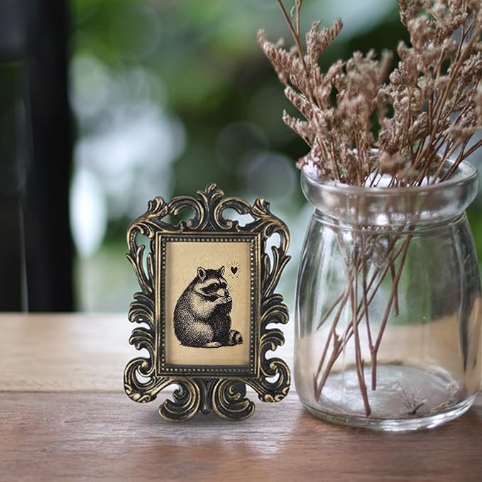 Vintage Cute Raccoon Small Picture Frame, Funny Mini Ornate Photo Frame for TableTop Desk Display Decor, Rustic Retro Baroque Prints Decorations Gifts for Bedroom 1.7x2.5in Photo