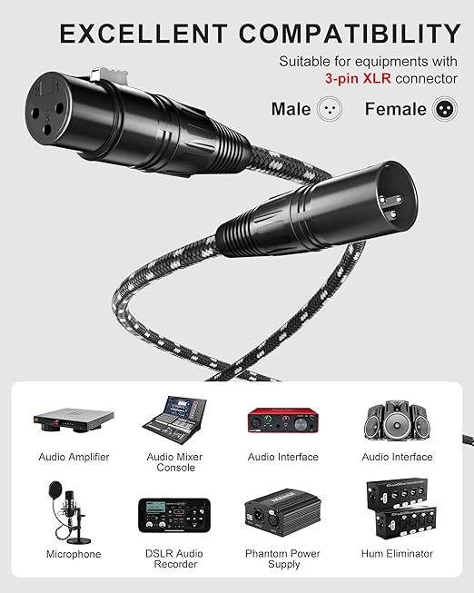 Long XLR Cables 30ft 2 Pack, Nylon Braided XLR Extension Microphone Cable, OFC Shielded and Balanced Male to Female Mic Cord for Preamp Recording Mixer Amplifie Speaker Black