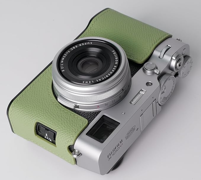 Genuine Leather Camera Half Case for Fujifilm X100VI - Top Layer Cowhide Body + Metal Base Plate - Hand Shank Free Design (Shallow Green)