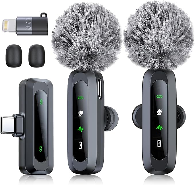 RICCHI Wireless Microphone for iPhone/iPad/Android Phone, 2 Pack Mini Microphone with Noise Cancelling & LED Display, Lavalier Microphones Clip on Lapel Mic for Video Recording, Vlog, Podcast, TikTok