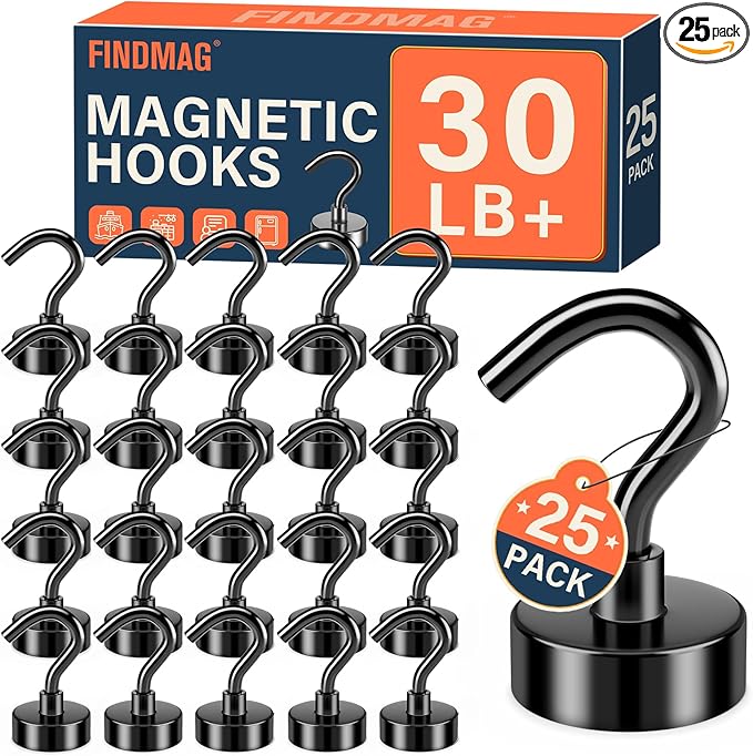 FINDMAG 25 Pack 30 LBS Black Magnetic Hooks Neodymium Magnet Hooks for Hanging, Strong Magnetic Hooks Magnet with Hooks for Home, Kitchen, Office, School, Warehouse
