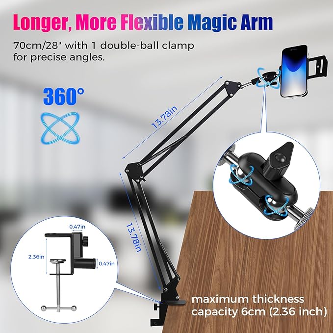 30" Magic Arm Holder w Clamp - Overhead Phone Mount for Desk, Smooth 360° 1/4" & 5/8" Thread Webcam Stand for Phone, Tablet, Webcam, Mic, Camera - Content Creators & Streaming