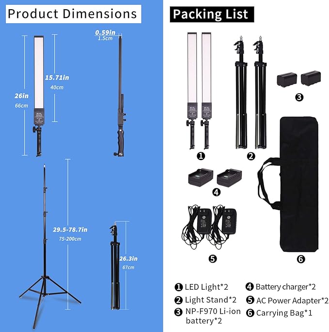 LED Video Light Battery Powered Photography Light Portable Handheld Wand,Dimmable 2800-5500K Photo Studio Light Kit with NP-970 Li-ion Battery and Stand for Portrait, YouTube,Outdoor Video