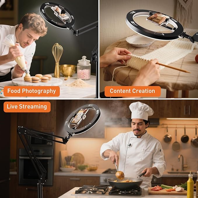 Ring Light Tripod for iPhone Overhead Camera Mount, LUXSURE Ring Light with Stand and Phone Holder with Casters & Flexible Arm, Phone Tripod with Light for Video Recording,Live Streaming,Cooking