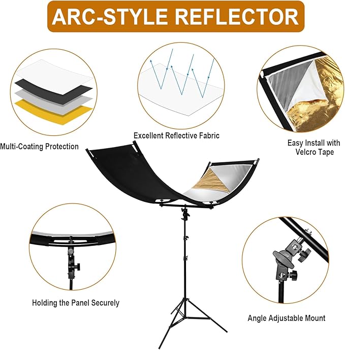 Clamshell Light Reflector Diffuser with Stand and Carrying Bag, 70"x24"/180x60cm Arclight Curved Lighting Reflector for Photo Studio Photography with White/Gold/Silver/Black Colors by MCCKLE