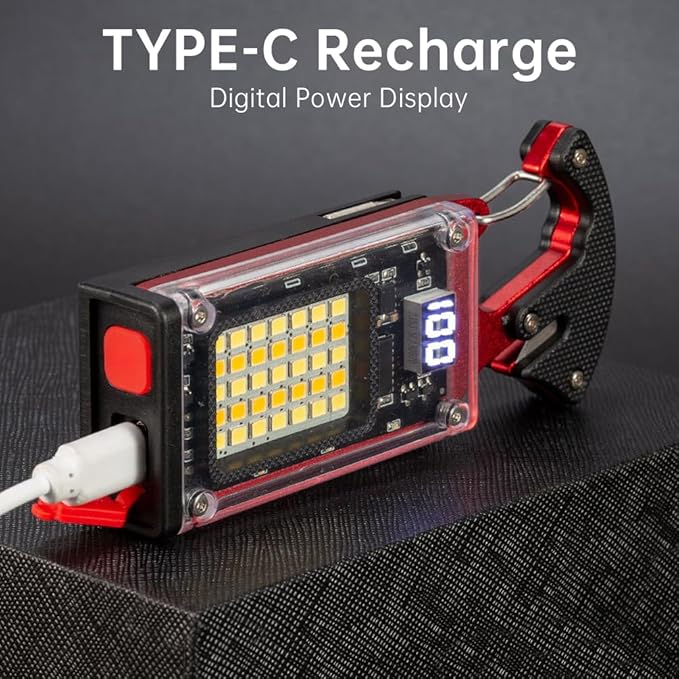 BY-J LED Multitool Small Flashlight, Keychain Light, COB Multi-Function Mini Work Light, 1000 Lumens Rechargeable, 8 Lighting Modes, Fire Starter, Seat Belt Cutter, Screwdriver, Red