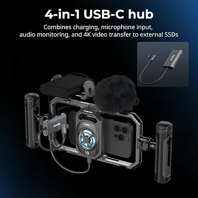 SMALLRIG All-in-One Cooling Dual Handle Phone Cage Kit for iPhone 17/16/Android, 15W Active Cooler & 4-in-1 USB-C Hub, Universal Compatibility 2.5-3.1" Phones, for Live Streaming- 5276
