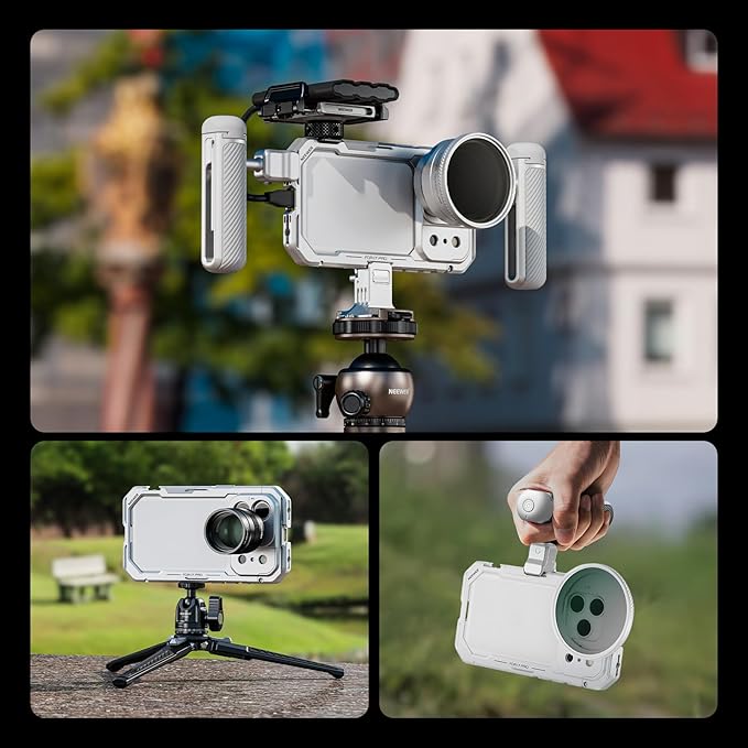 NEEWER Phone Cage Compatible with iPhone 17 Pro, Quick Release Video Rig Stabilizer Accessories with 67mm Filter Ring, 17mm Lens Backplate, T Mount Adapter, 4X Camera Control Cap, PA143 (Silver)