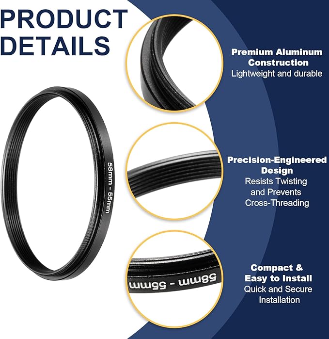 PATIKIL Step Down Ring Adapter 58mm to 55mm, Filter Step-Down Rings Camera Lens Filters Metal Ring Digital for ND IR DSLR Lenses, Black
