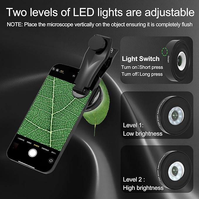 45X Mini Pocket Microscope Lens with 2-Level Adjustable LED Light for iPhone Android Smartphones, 17mm Thread Universal Lens Clip, USB-C Data Cable, Compatible with SmallRig and NEEWER Phone Cage