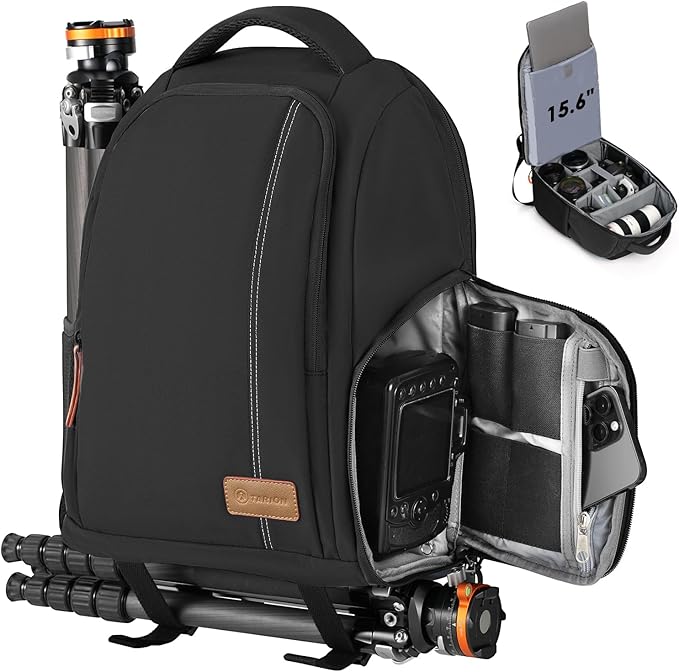 TARION Camera Backpack for Photographers - Compact 15L Camera Bag with 15.6 Inch Laptop Compartment - Side Access Quick Draw - Anti-theft Hidden Pocket Tripod Holder Rain Cover - TB04 Black