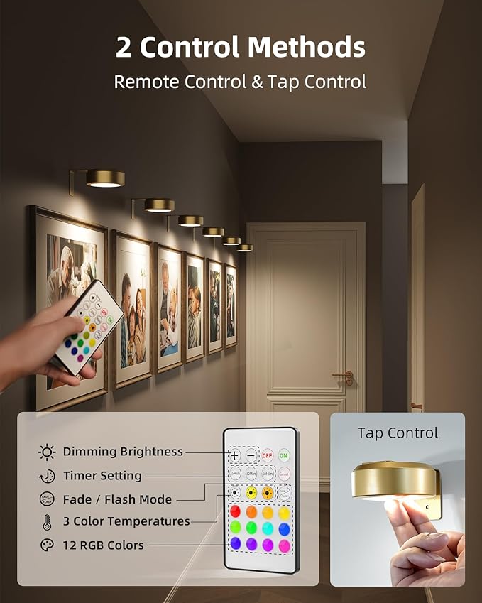 EZVALO Picture Lights for Wall, 2000mAh Rechargeable Battery Magnetic Poster Lights with 3 Color Temps & 12 RGB, Remote Dimmable Timer Painting Light, Wall Decor Light for Art Display, Frame (6 Pack)