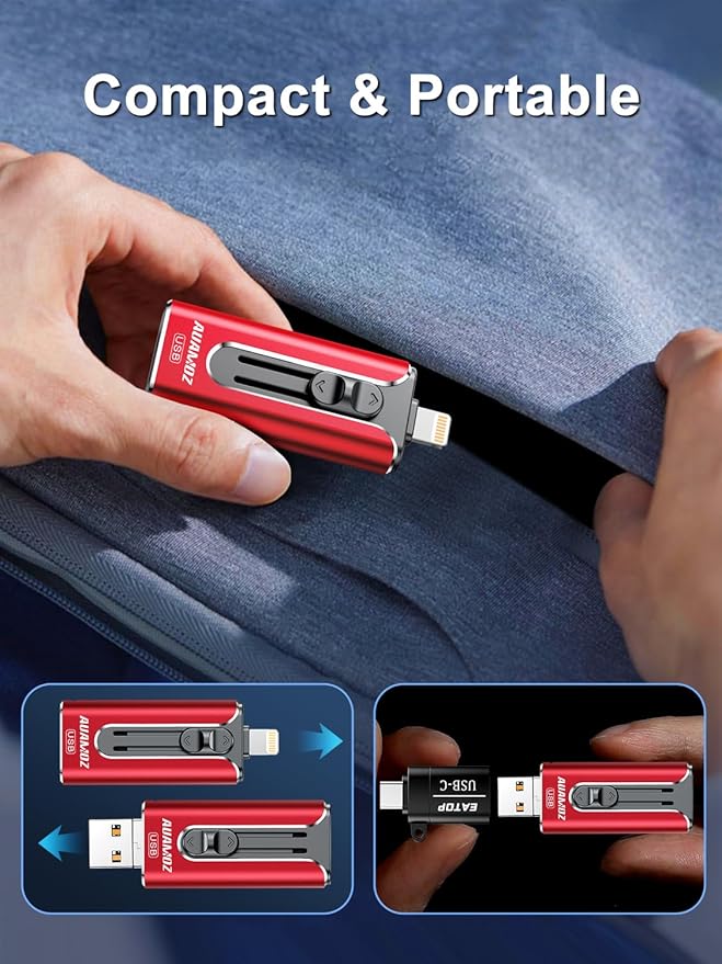 AUAMOZ 256GB Flash Drive Intended for iPhone, Memory Stick Storage Files Photos Videos Backup, Compatible with iPhone iPad Android PC, Plug and Play, No Application Required (Red)