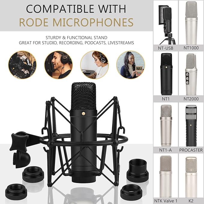 Geekria for Creators Microphone Shock Mount Compatible with Rode NT-USB, NT1-A, NT2-A, NT1000, NT2000, Procaster, Mic Anti-Vibration Suspension Adapter Clamp Mic Holder Clip (Black/Metal)